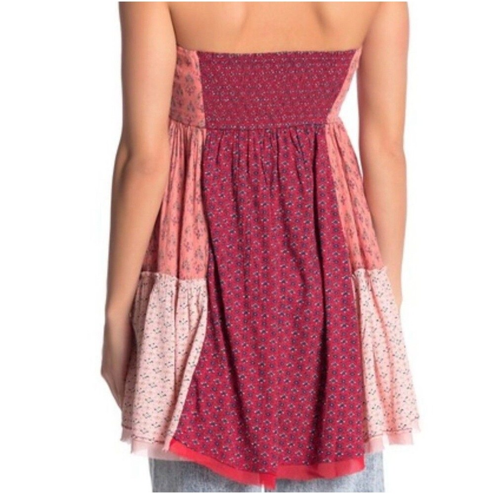 Free People Strapless Mixed Print Babydoll Top in Burgundy and Pink - Picture 5 of 9